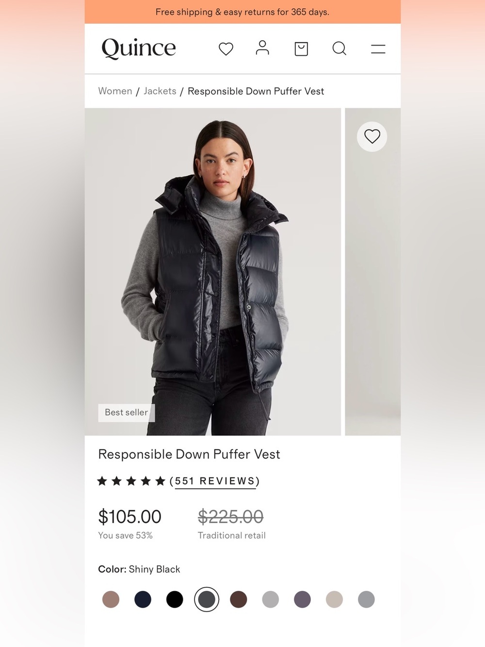 Quince Women’s Responsible Down Puffer Vest in Shiny Navy, Size Small